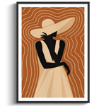Framed art print featuring a stylized silhouette of a woman in a wide-brimmed hat and dress, set against a warm brown background with wavy contour lines, shown in a black frame on a white wall.