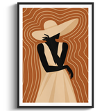 Framed art print featuring a stylized silhouette of a woman in a wide-brimmed hat and dress, set against a warm brown background with wavy contour lines, shown in a black frame on a white wall.