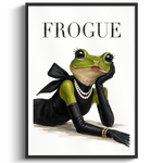 A framed art print featuring a whimsical illustration of a green frog dressed in a black dress, black gloves, and pearl necklaces, with the word 'FROGUE' printed at the top. The print is displayed against a clean white background with a subtle drop shadow.