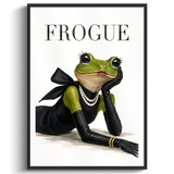 A framed art print featuring a whimsical illustration of a green frog dressed in a black dress, black gloves, and pearl necklaces, with the word 'FROGUE' printed at the top. The print is displayed against a clean white background with a subtle drop shadow.