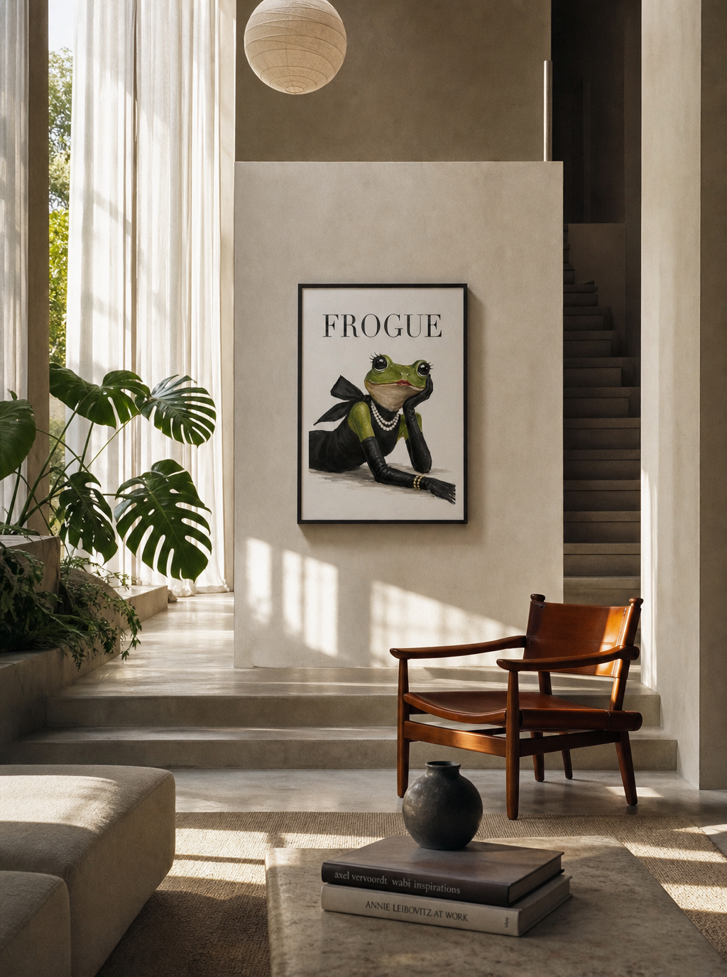 A framed art print featuring a green frog dressed in a black suit with the word 'FROGUE' above it, displayed on a beige wall in a modern, sunlit interior with a wooden chair, plants, and a staircase.