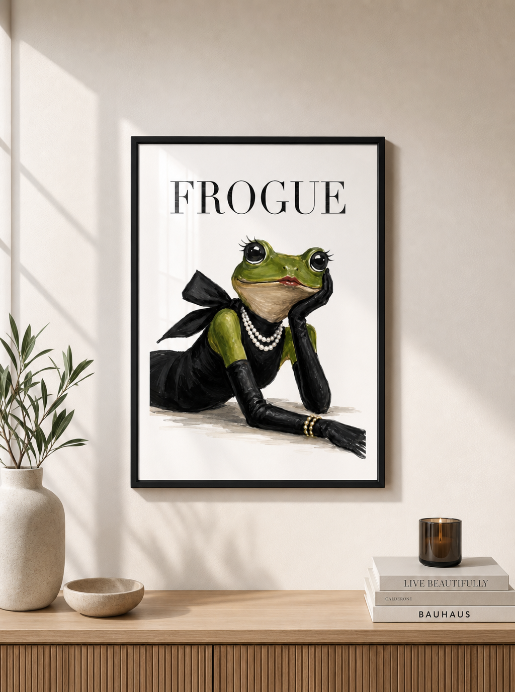 A framed art print featuring a green frog in a black outfit with pearl necklaces and the word 'FROGUE' at the top, displayed on a beige wall above a wooden console table with a vase, bowl, and books.