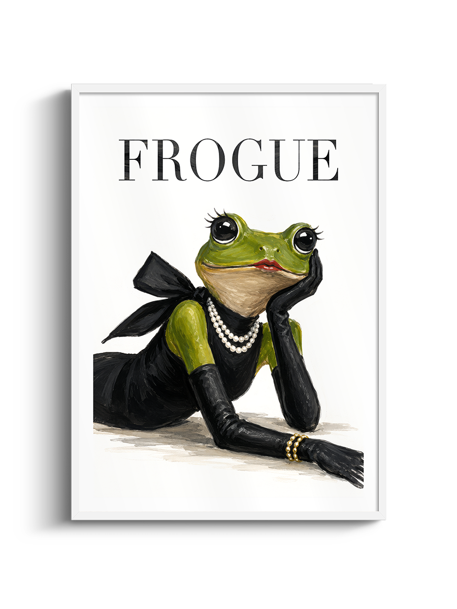 A framed art print featuring a stylized green frog dressed in black with a pearl necklace, posed beneath the word 'FROGUE' in black serif lettering on a white background.