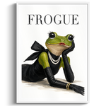 A framed art print featuring a stylized green frog dressed in black with a pearl necklace, posed beneath the word 'FROGUE' in black serif lettering on a white background.