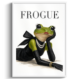 A framed art print featuring a stylized green frog dressed in black with a pearl necklace, posed beneath the word 'FROGUE' in black serif lettering on a white background.
